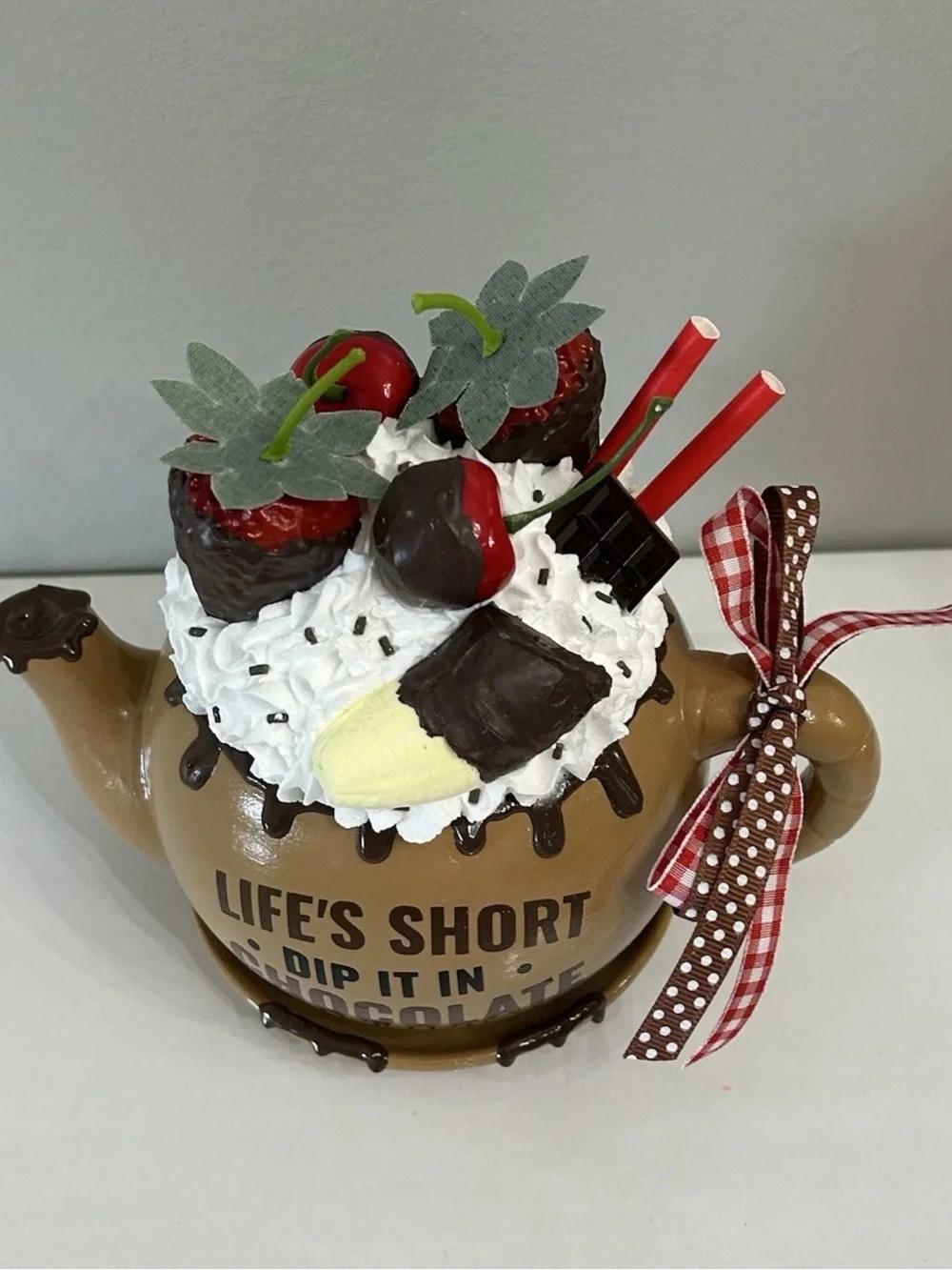Life's Short Dip It In Chocolate Ceramic Teapot Decor - Handmade Fake dessert